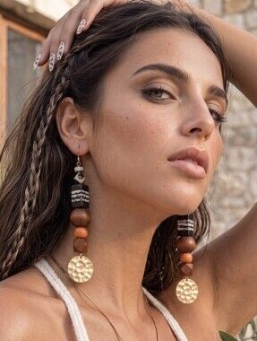 Extra Long Wood Bead Statement Earrings Gold Disc Boho Santa Fe Brown 4.8"L